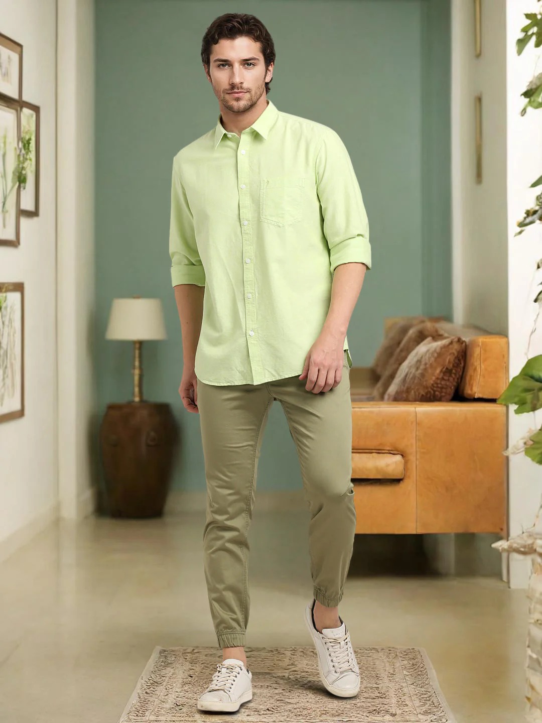 Indian Terrain Men's Regular Fit Full Sleeve Solid Green Shirt